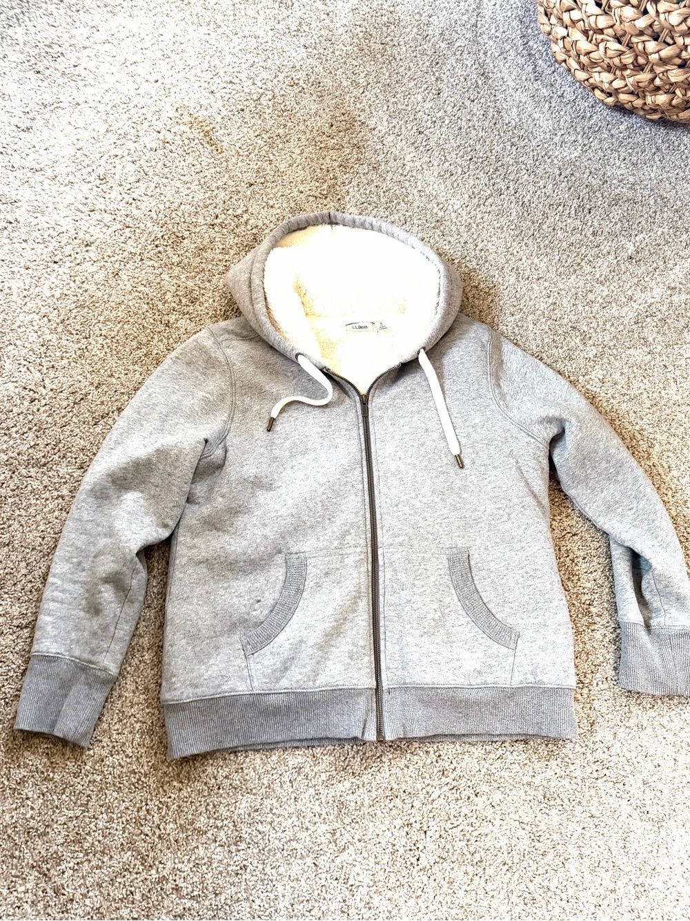 L. L. Bean Full Zip Embroidered Sherpa Lined Heathered Grey Hoodie. Cozy. Warm.